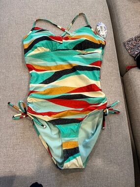 Prana Teal Wavy Moorea Multicolor Striped One-Piece Swimsuit - Teal & Red